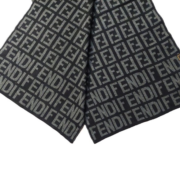 Vintage FENDI Dual Monogram Inverted Logo Black & Gray Reversible Scarf - Picture 7 of 9